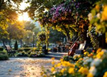 Immagine di un concerto all'alba con musicisti e pubblico