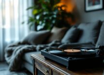 Dischi in vinile colorati impilati con decorazioni natalizie