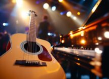 Giorgio Poi mentre suona la chitarra in un contesto urbano