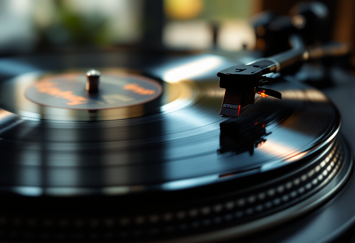 Un vinile che gira su un giradischi vintage